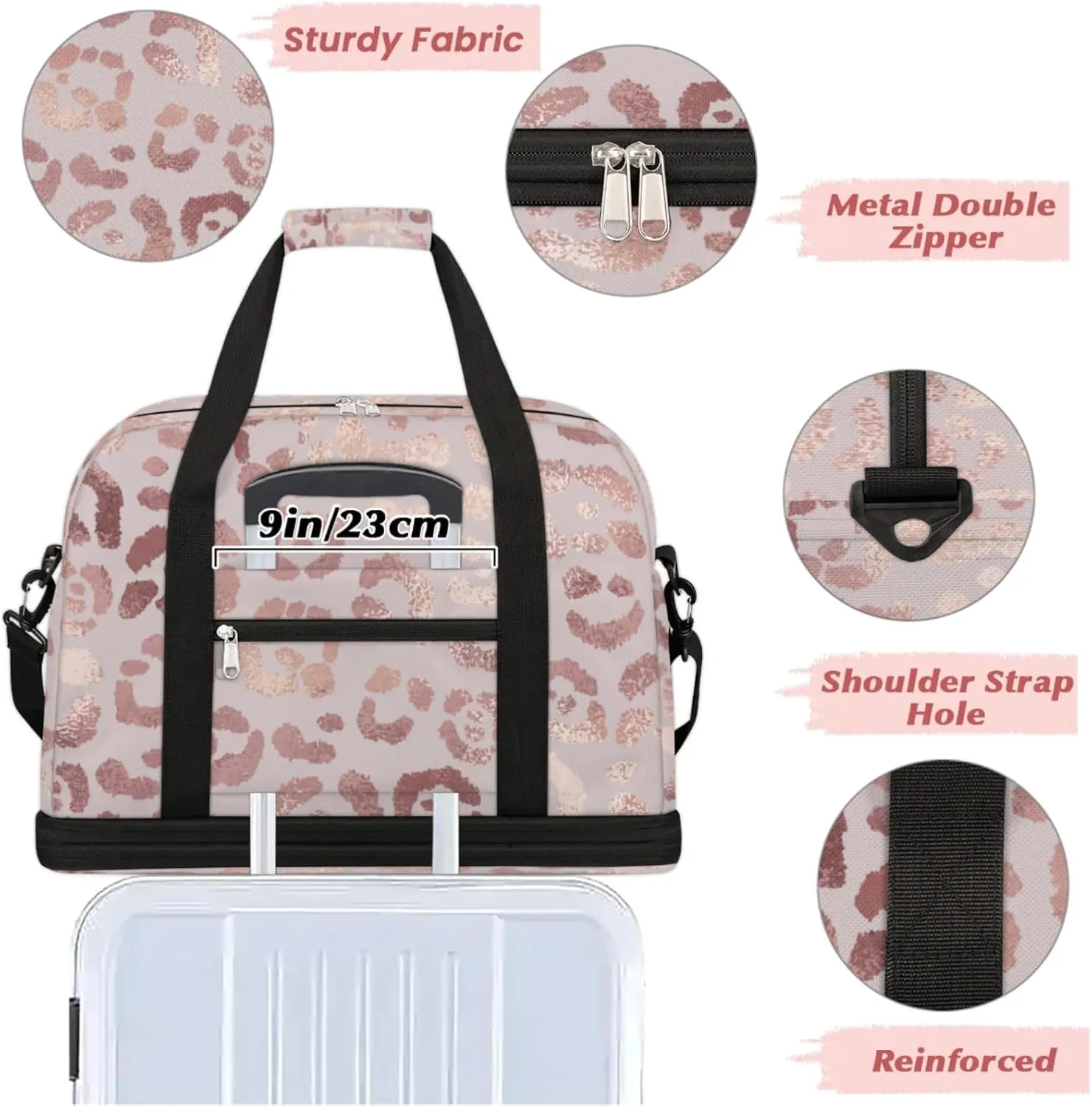 Leopard Print Foldable Travel Duffel Bag, Expandable Sports Gym Bag with Shoes Compartment Weekender Overnight Totes Bags for Women Men