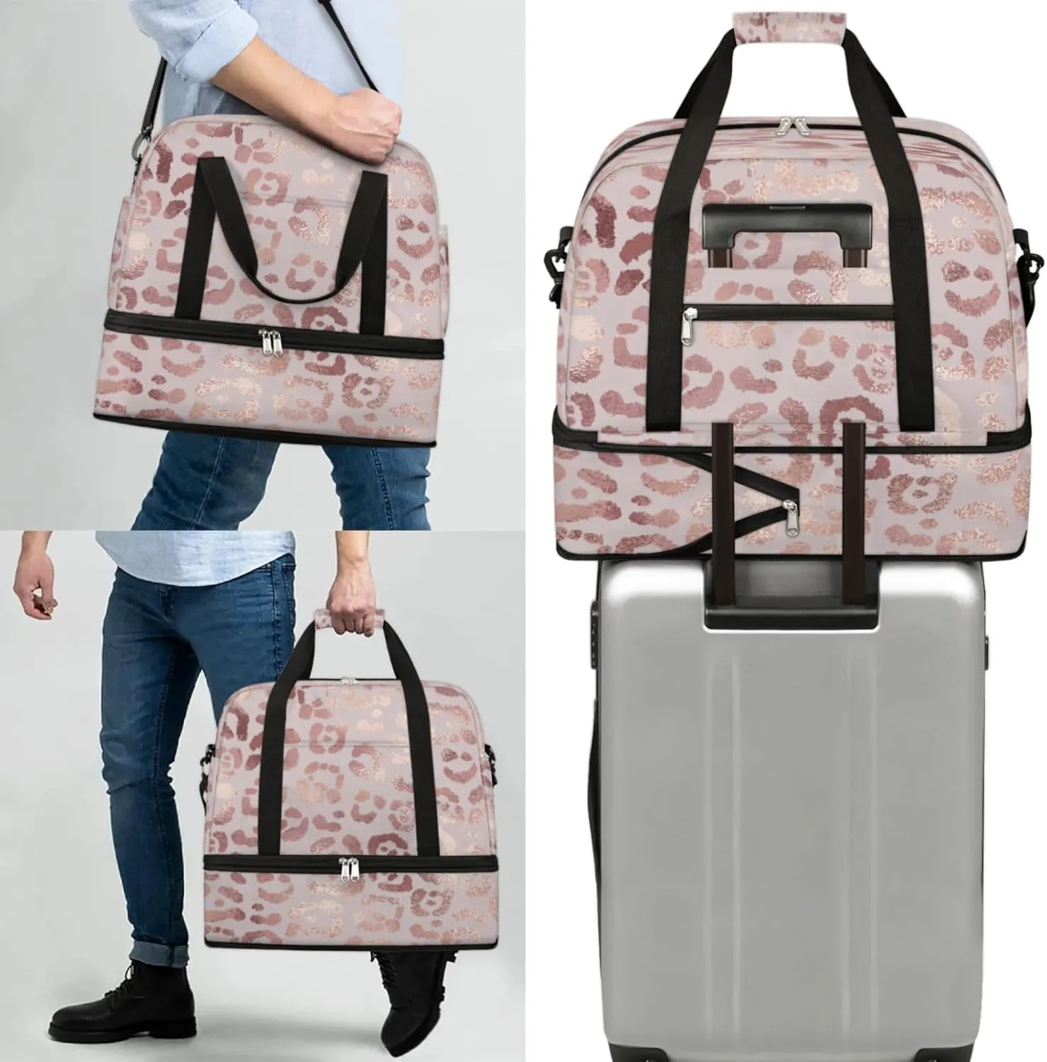 Leopard Print Foldable Travel Duffel Bag, Expandable Sports Gym Bag with Shoes Compartment Weekender Overnight Totes Bags for Women Men