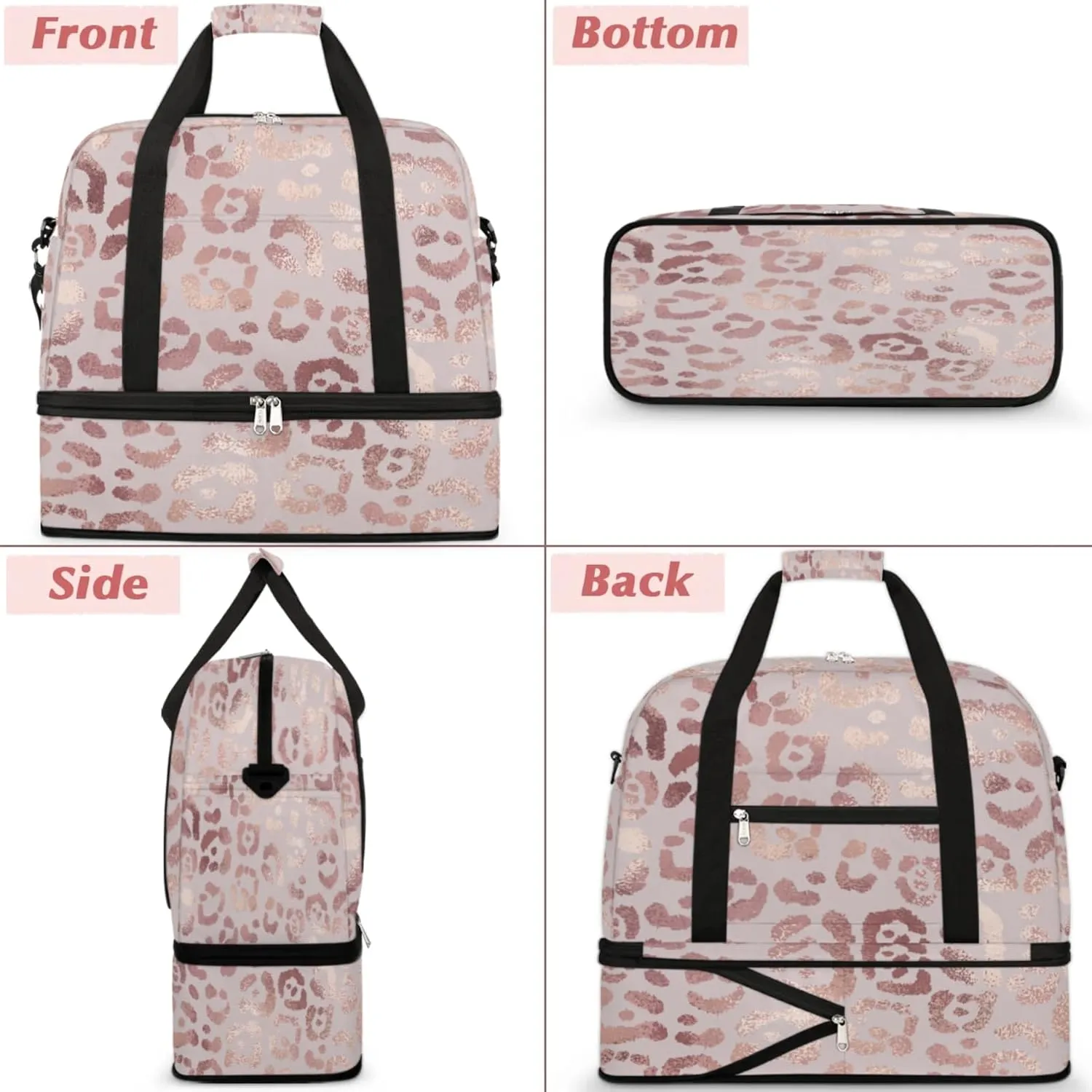 Leopard Print Foldable Travel Duffel Bag, Expandable Sports Gym Bag with Shoes Compartment Weekender Overnight Totes Bags for Women Men