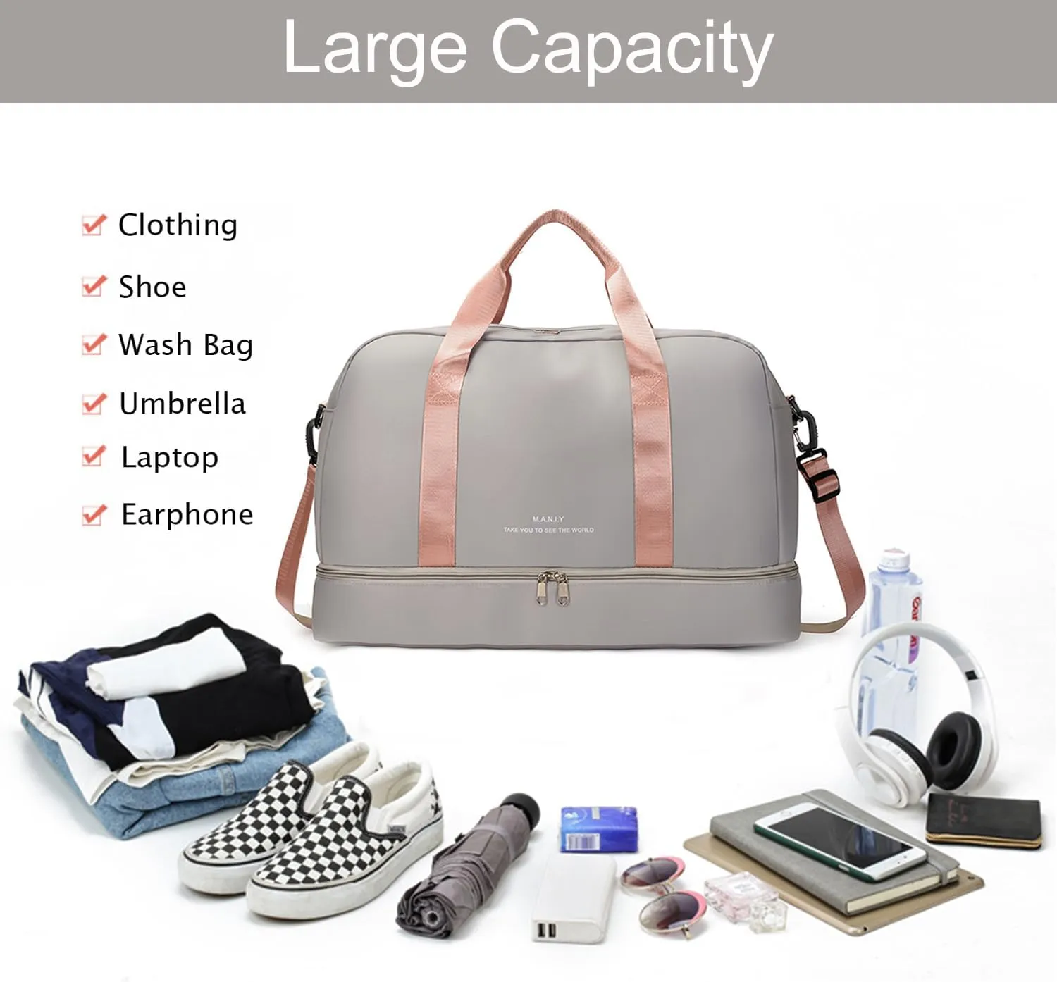 Light Gym Bag for Women, Large Capacity Sports Travel Duffle Bag with with Shoe Compartment & Wet Pocket,Lady Weekender Overnight Aircraft Bag Grey