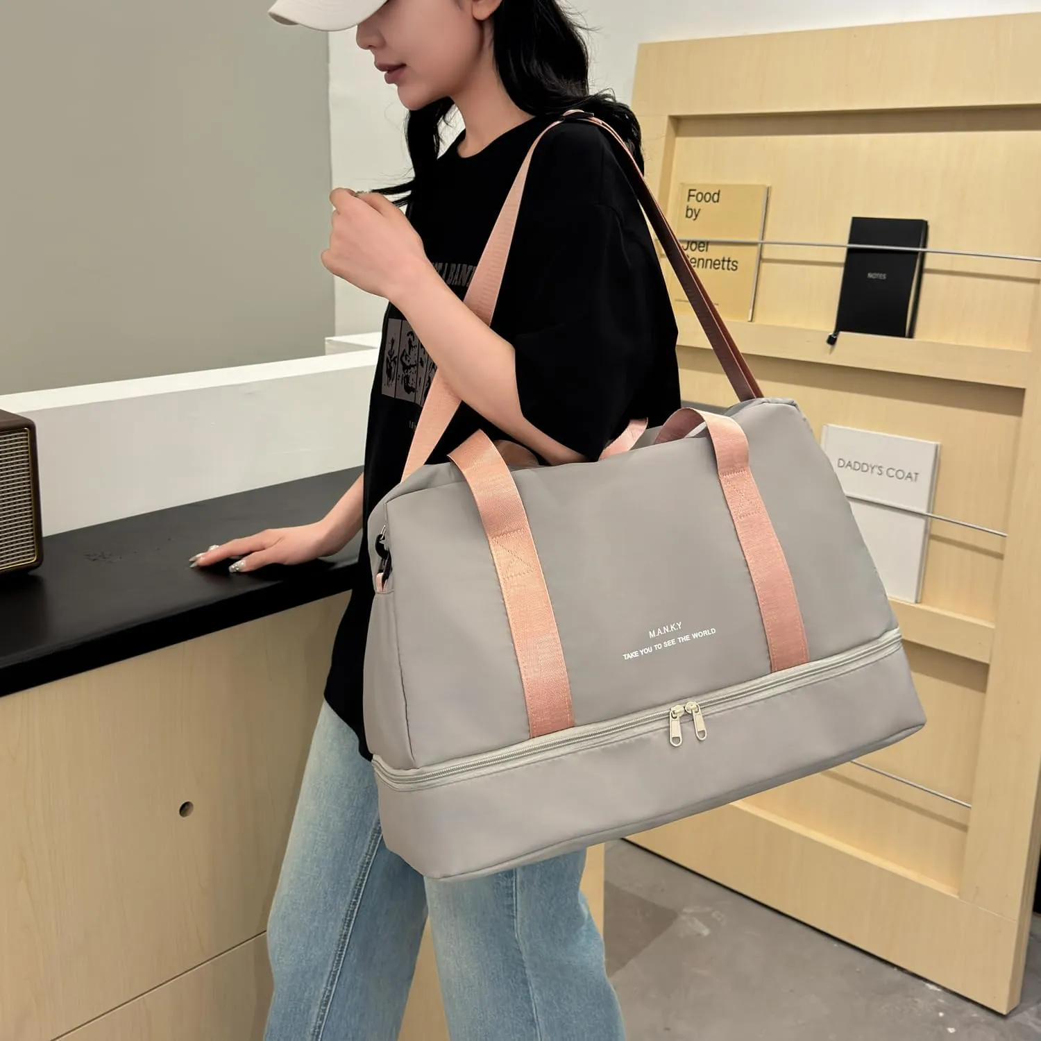Light Gym Bag for Women, Large Capacity Sports Travel Duffle Bag with with Shoe Compartment & Wet Pocket,Lady Weekender Overnight Aircraft Bag Grey