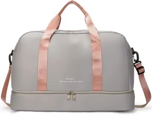 Light Gym Bag for Women, Large Capacity Sports Travel Duffle Bag with with Shoe Compartment & Wet Pocket,Lady Weekender Overnight Aircraft Bag Grey