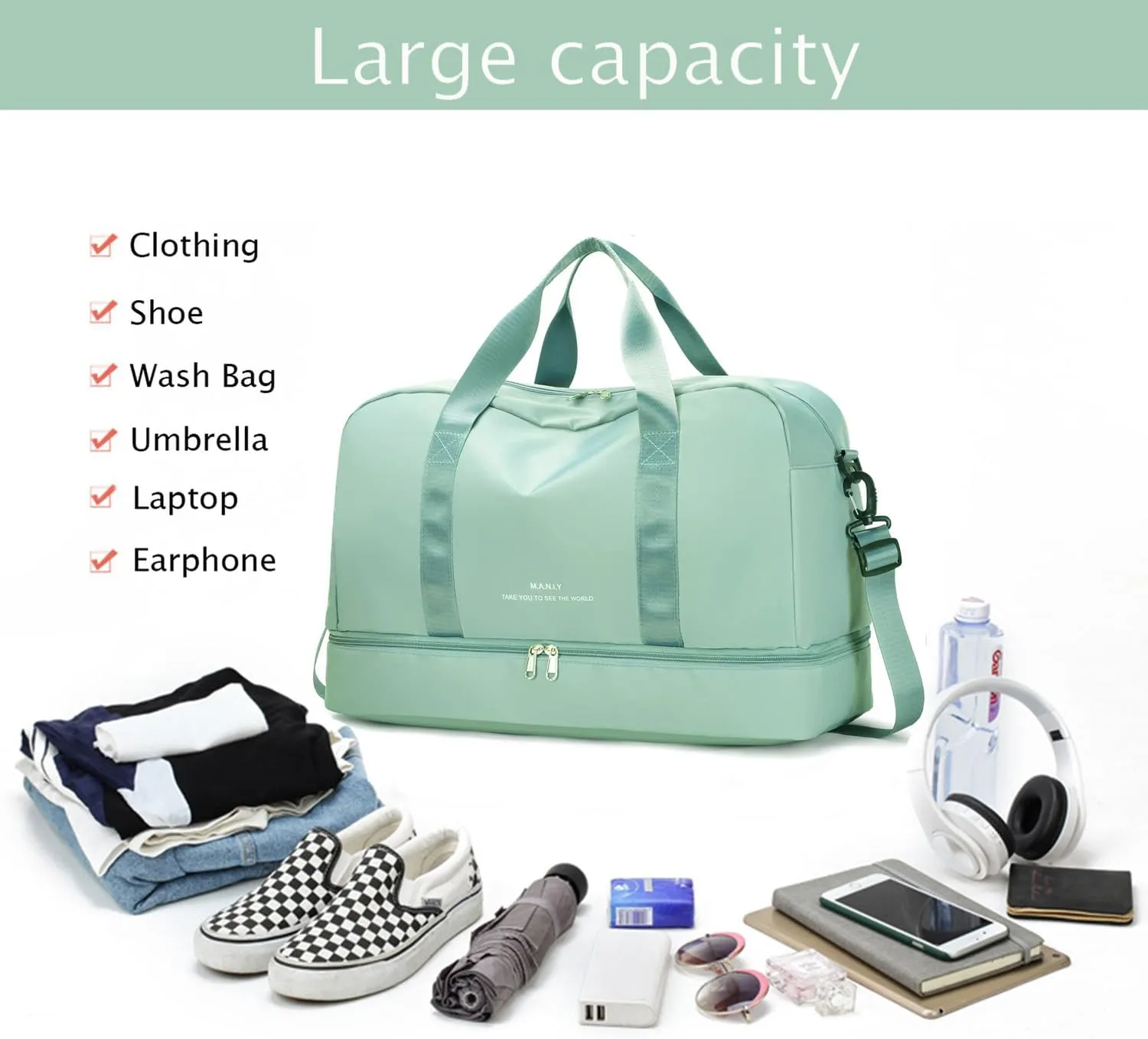 Light Gym Bag with Shoe Compartment, Large Capacity Sports Travel Duffle Bag with Wet Pocket for lady Weekender Overnight Aircraft Bag Green