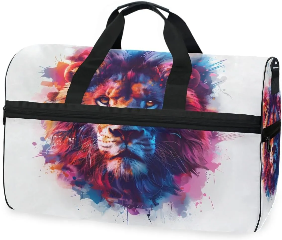 Lion's Face Neon Travel Duffel Bag Luggage Sports Gym Bags With Shoes Compartment Large Capacity Lightweight Duffle Bag For Men Women