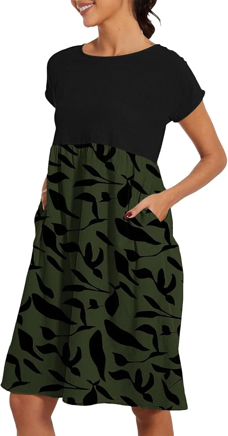Long Floral Dresses for Women 2025 Elegant Short Sleeve Maxi Dress Patchwork Short Sleeve Modest Flowy A Line Dress