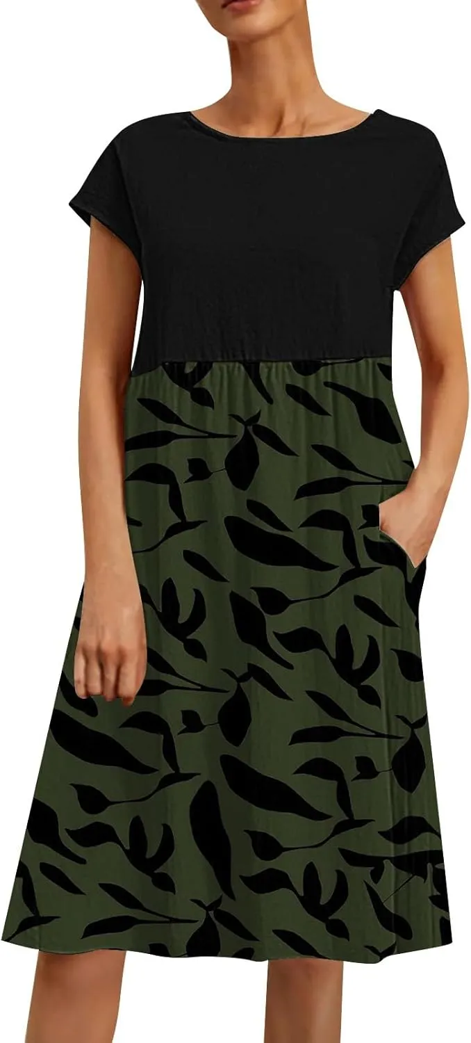 Long Floral Dresses for Women 2025 Elegant Short Sleeve Maxi Dress Patchwork Short Sleeve Modest Flowy A Line Dress