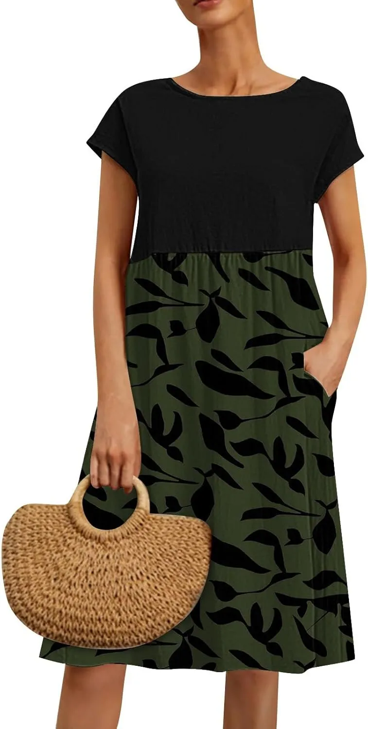 Long Floral Dresses for Women 2025 Elegant Short Sleeve Maxi Dress Patchwork Short Sleeve Modest Flowy A Line Dress