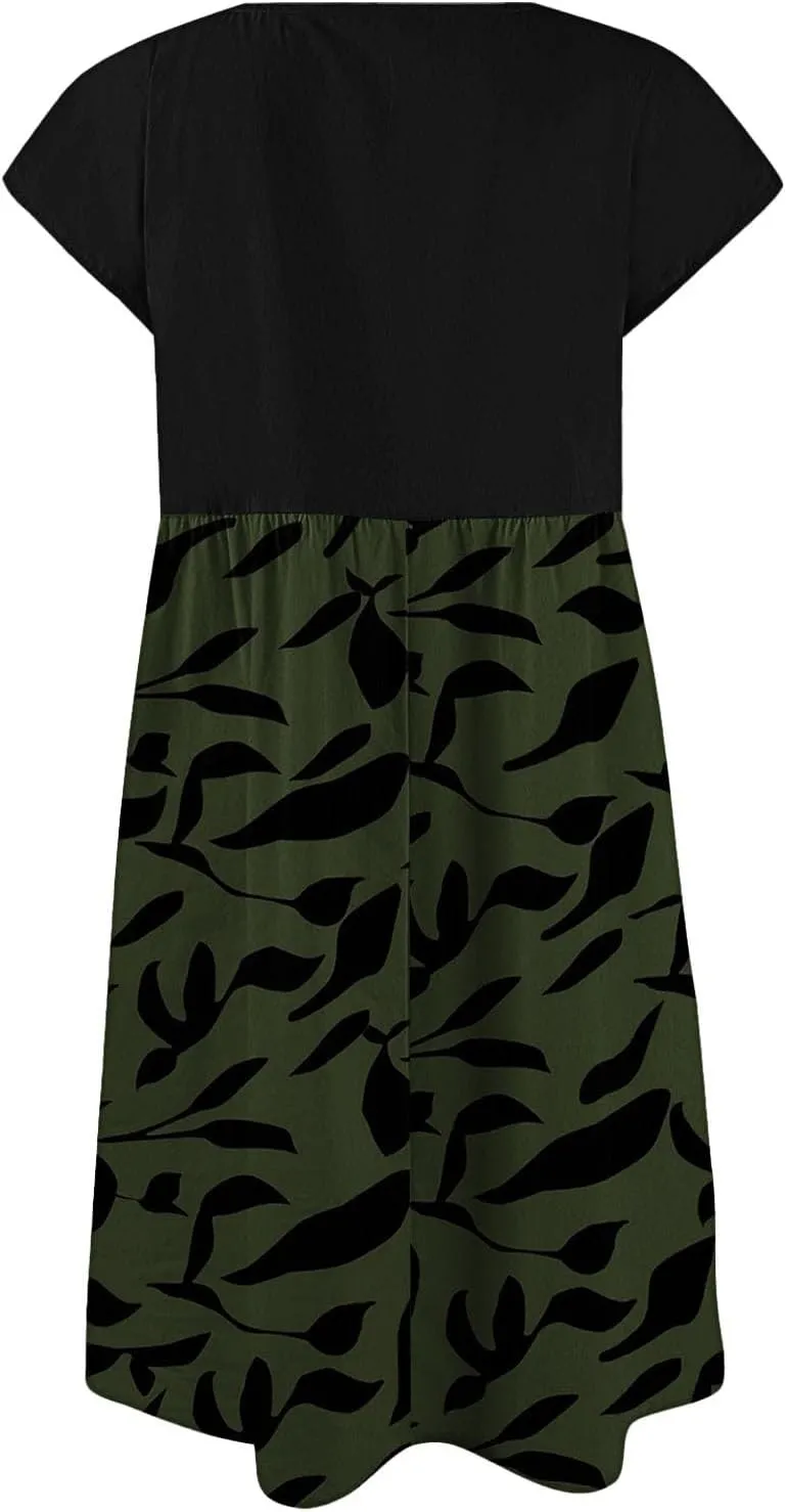 Long Floral Dresses for Women 2025 Elegant Short Sleeve Maxi Dress Patchwork Short Sleeve Modest Flowy A Line Dress