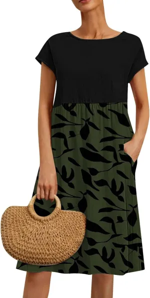 Long Floral Dresses for Women 2025 Elegant Short Sleeve Maxi Dress Patchwork Short Sleeve Modest Flowy A Line Dress