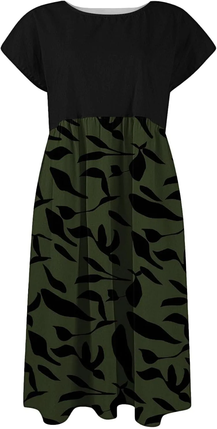 Long Floral Dresses for Women 2025 Elegant Short Sleeve Maxi Dress Patchwork Short Sleeve Modest Flowy A Line Dress