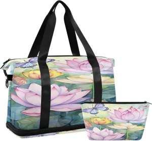 Lotus and Butterflies Sports Gym Bag,Travel Duffel bag with Wet Pocket & Shoes Compartment Lightweight Waterproof Overnight Bag for Men Women