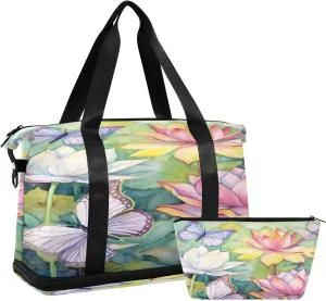 Lotus and Butterflies Sports Gym Bag,Travel Duffel bag with Wet Pocket & Shoes Compartment Lightweight Waterproof Overnight Bag for Men Women