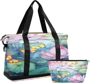 Lotus and Butterflies Sports Gym Bag,Travel Duffel bag with Wet Pocket & Shoes Compartment Lightweight Waterproof Overnight Bag for Men Women