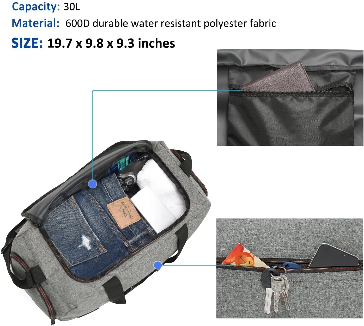 MarsBro Water Resistant Sports Gym Travel Weekender Duffel Bag with Shoe Compartment Grey Medium