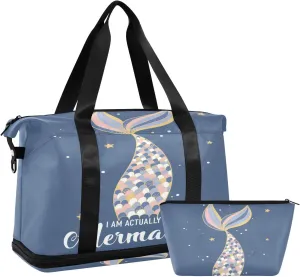 Mermaid Fish Tail Travel Duffel Bag, Waterproof Sports Tote Gym Bag with Shoes Compartment, Shoulder Weekender Overnight Bag for Women Men731