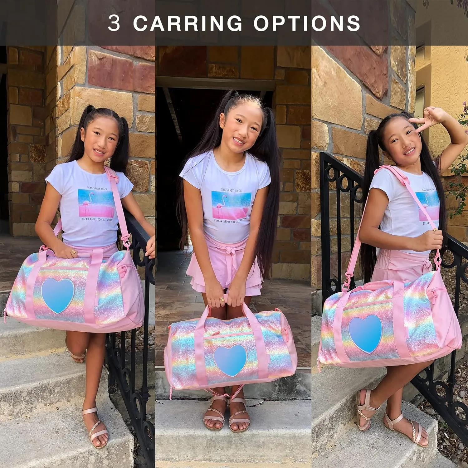 mibasies Dance Bag for Girls Duffle Bag Kids Overnight Travel Sleepover Bags Sport Gym Bag with Shoes Compartment, Green Blue Purple