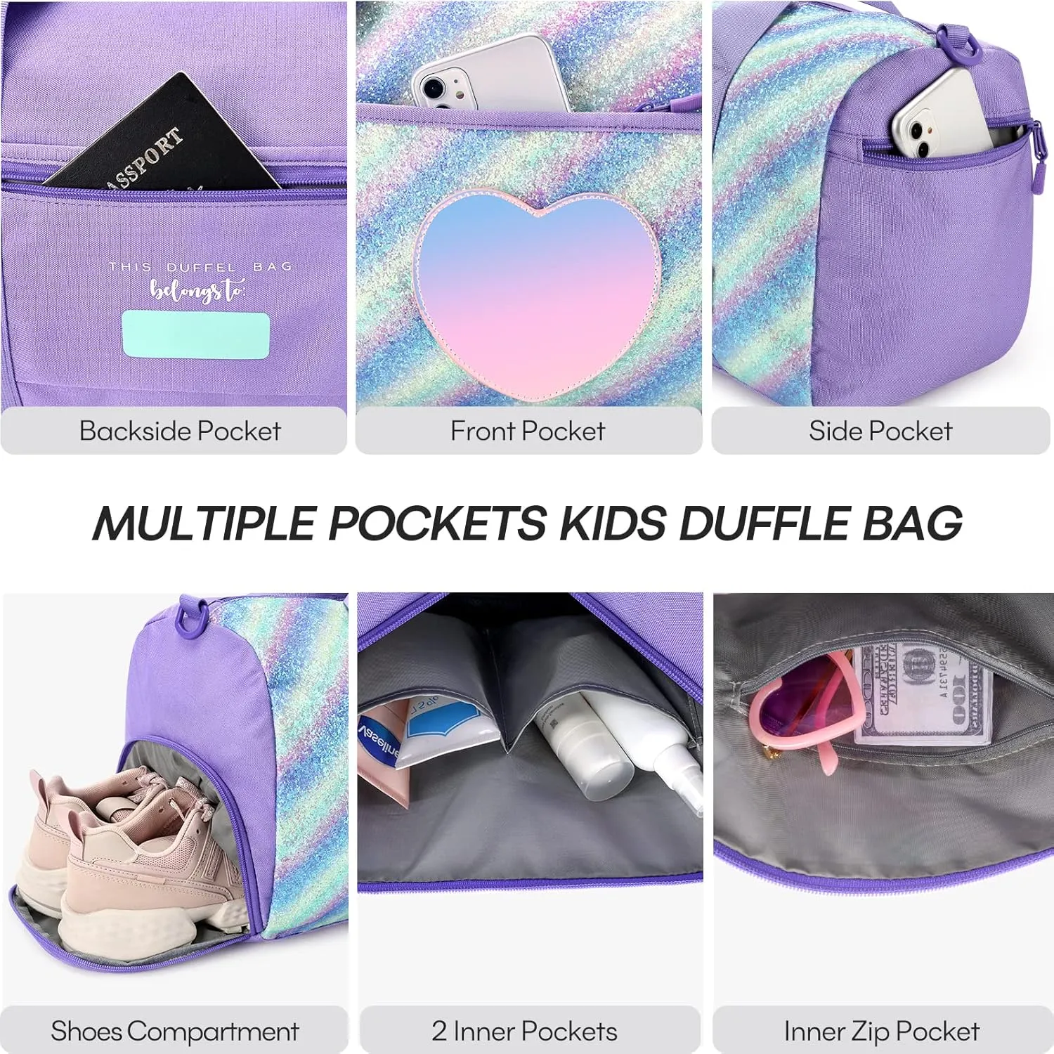 mibasies Dance Bag for Girls Duffle Bag Kids Overnight Travel Sleepover Bags Sport Gym Bag with Shoes Compartment, Green Blue Purple
