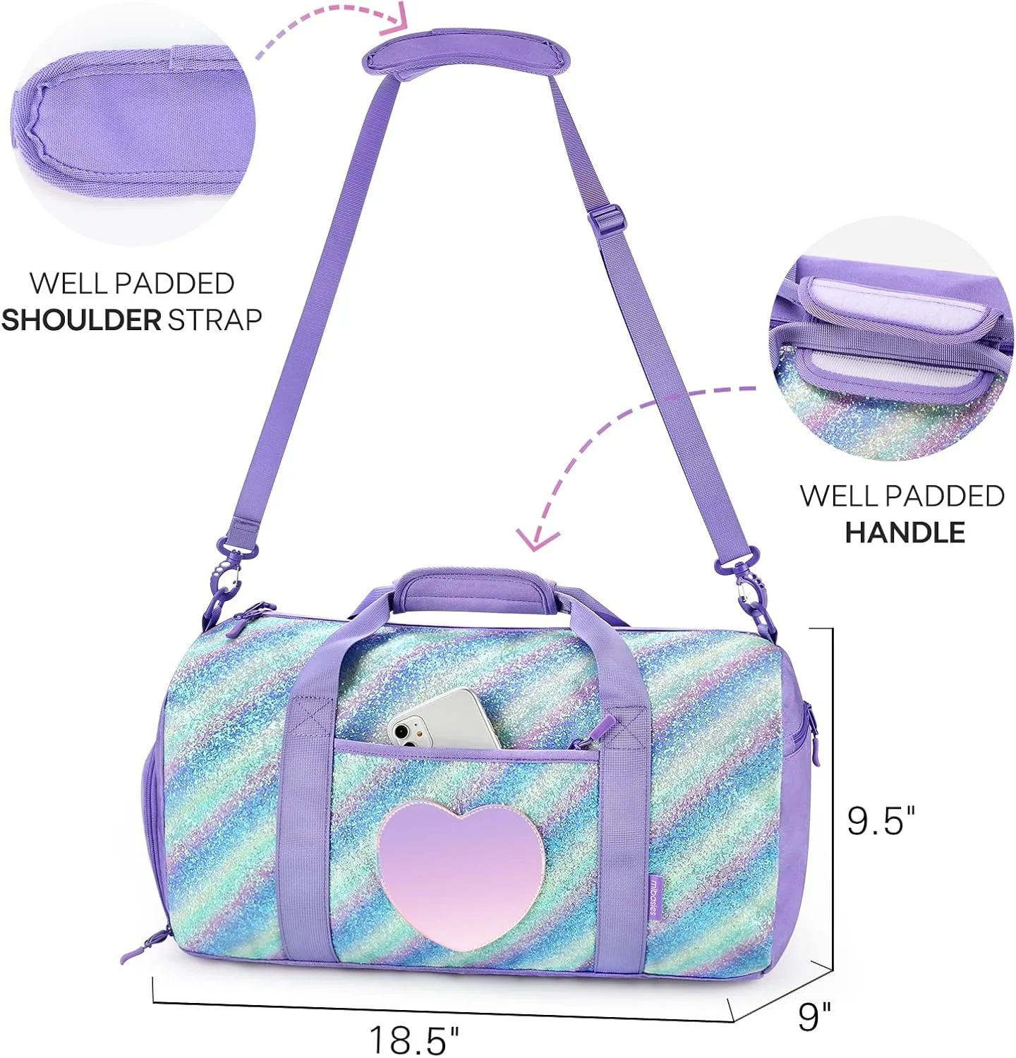 mibasies Dance Bag for Girls Duffle Bag Kids Overnight Travel Sleepover Bags Sport Gym Bag with Shoes Compartment, Green Blue Purple