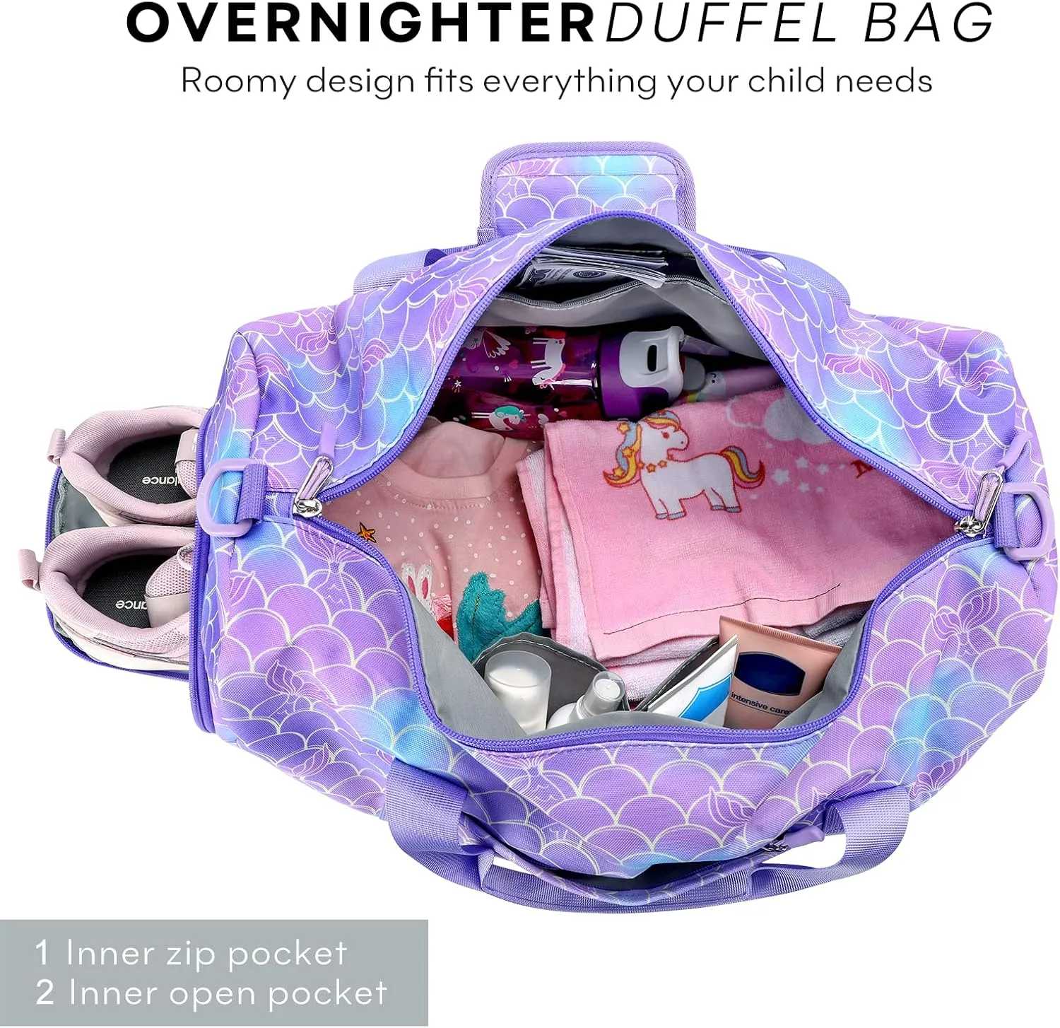 mibasies Dance Bag for Girls Duffle Bag Kids Overnight Travel Sleepover Bags Sport Gym Bag with Shoes Compartment, Mermaid Purple1