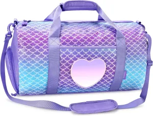 mibasies Dance Bag for Girls Duffle Bag Kids Overnight Travel Sleepover Bags Sport Gym Bag with Shoes Compartment, Mermaid Purple1