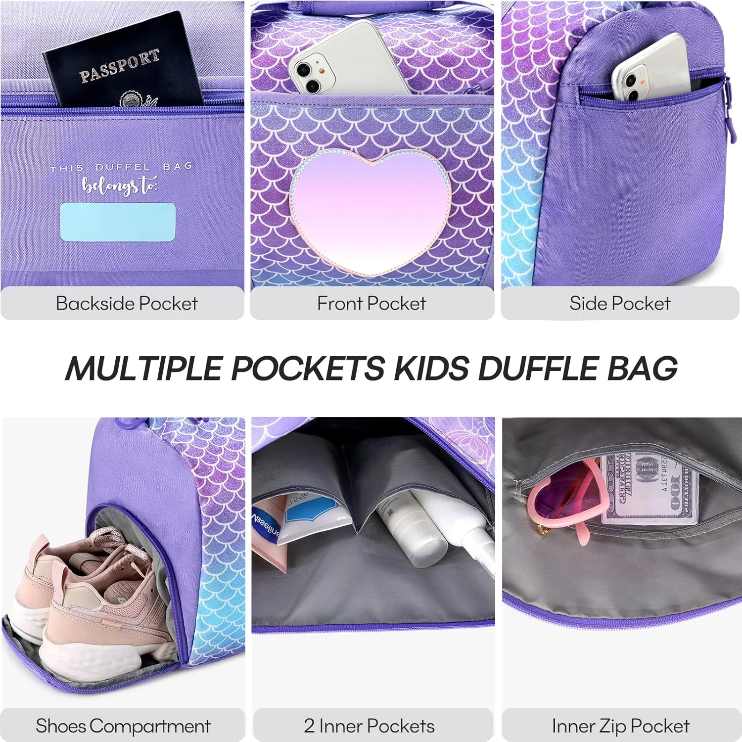 mibasies Dance Bag for Girls Duffle Bag Kids Overnight Travel Sleepover Bags Sport Gym Bag with Shoes Compartment, Mermaid Purple1