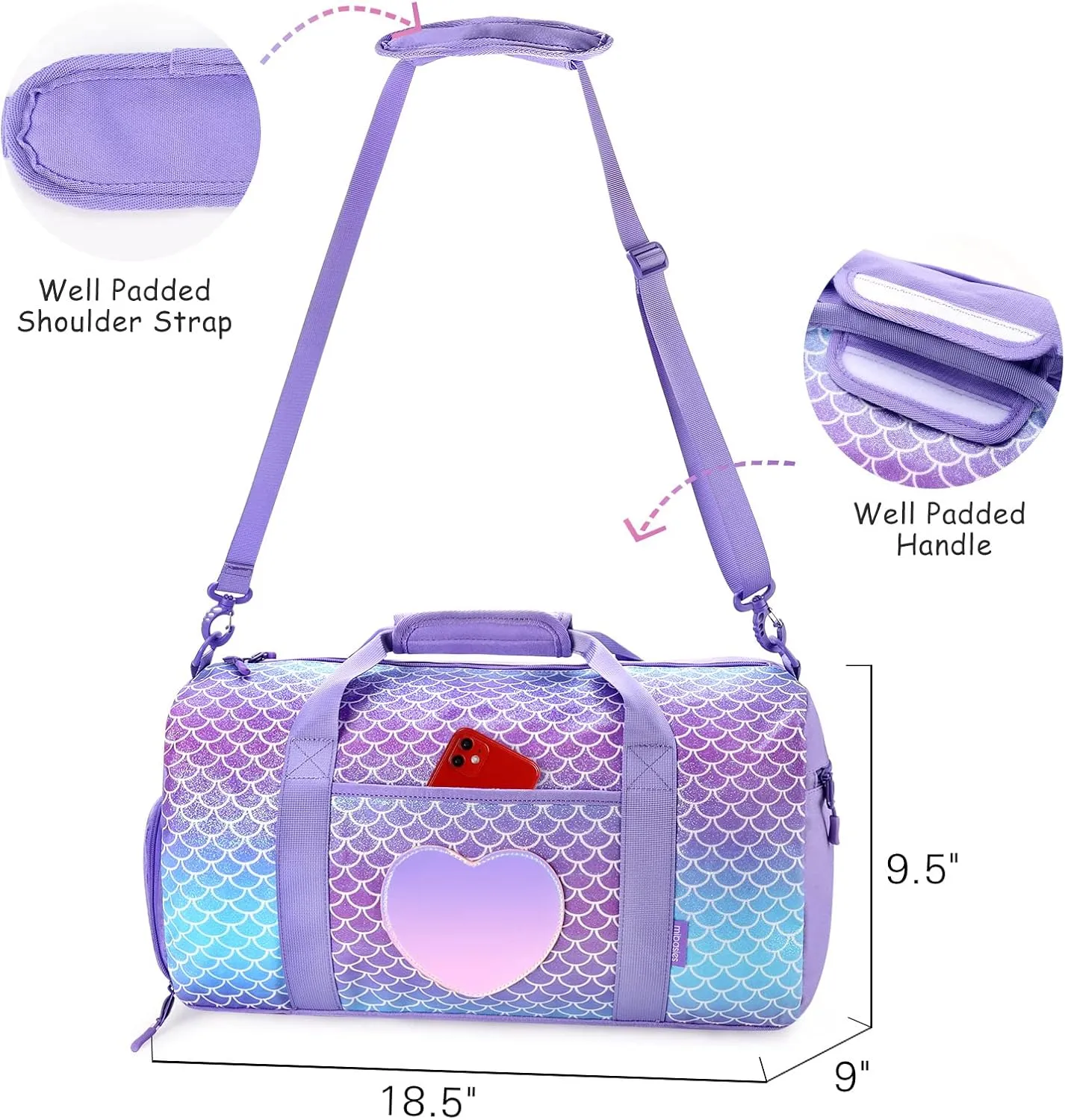 mibasies Dance Bag for Girls Duffle Bag Kids Overnight Travel Sleepover Bags Sport Gym Bag with Shoes Compartment, Mermaid Purple1