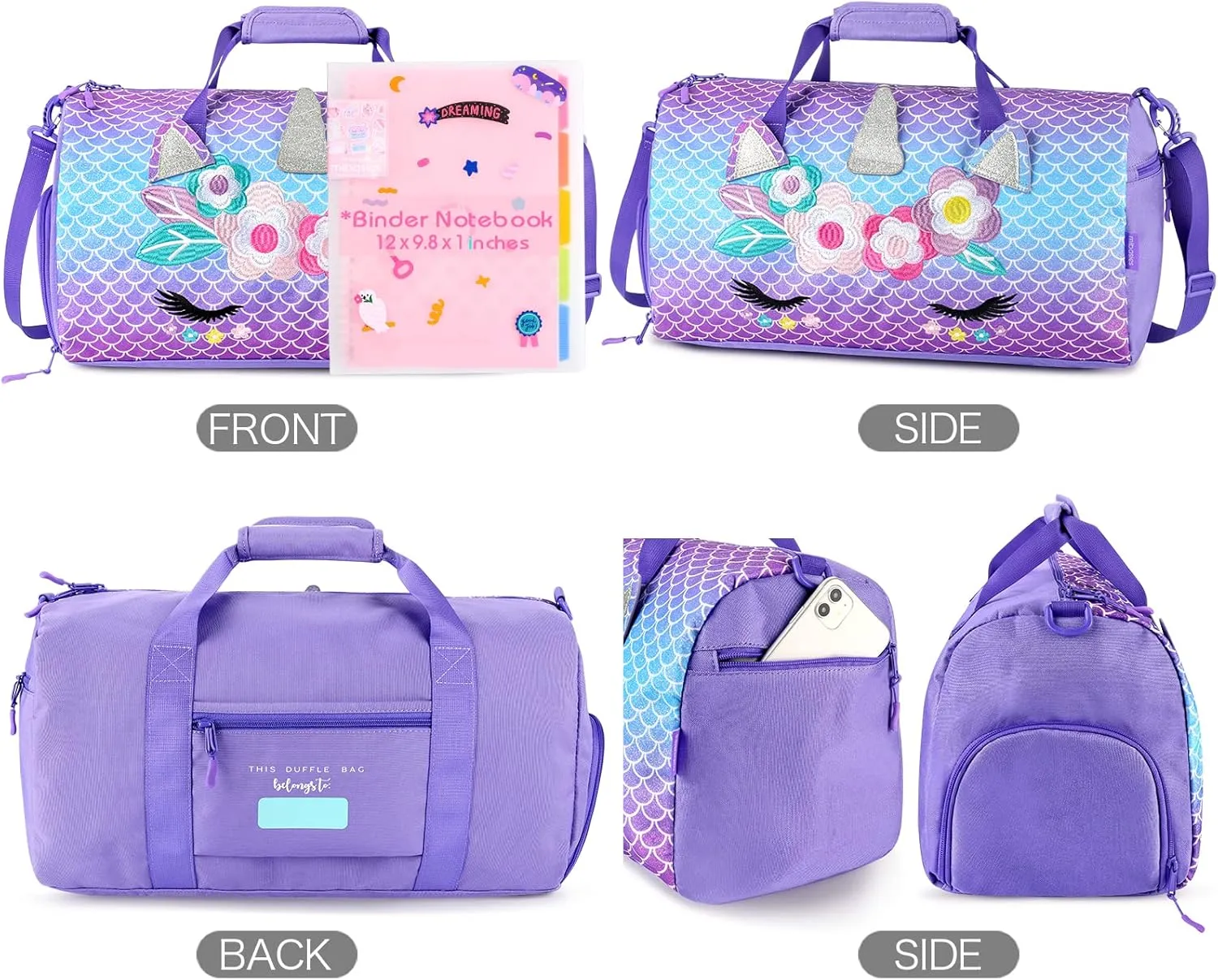 mibasies Dance Bag for Girls Duffle Bag Kids Overnight Travel Sleepover Bags Sport Gym Bag with Shoes Compartment, Mermaid Unicorn