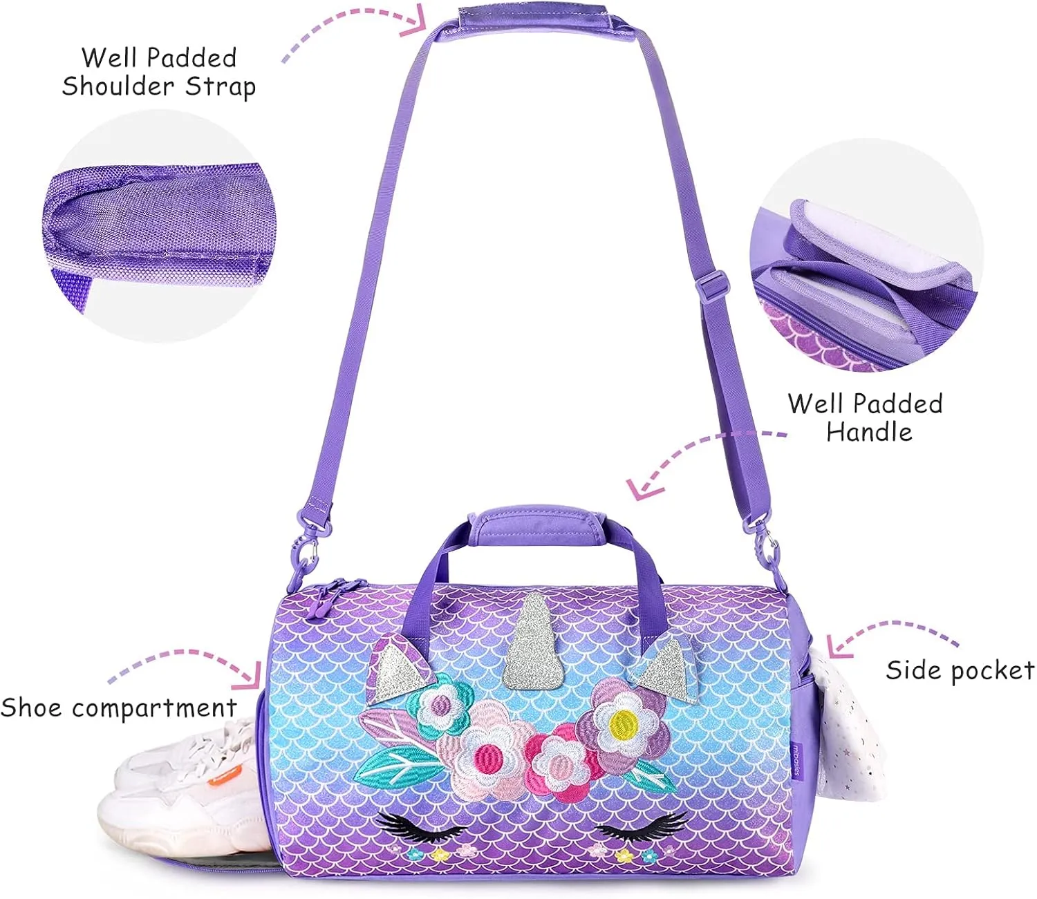 mibasies Dance Bag for Girls Duffle Bag Kids Overnight Travel Sleepover Bags Sport Gym Bag with Shoes Compartment, Mermaid Unicorn