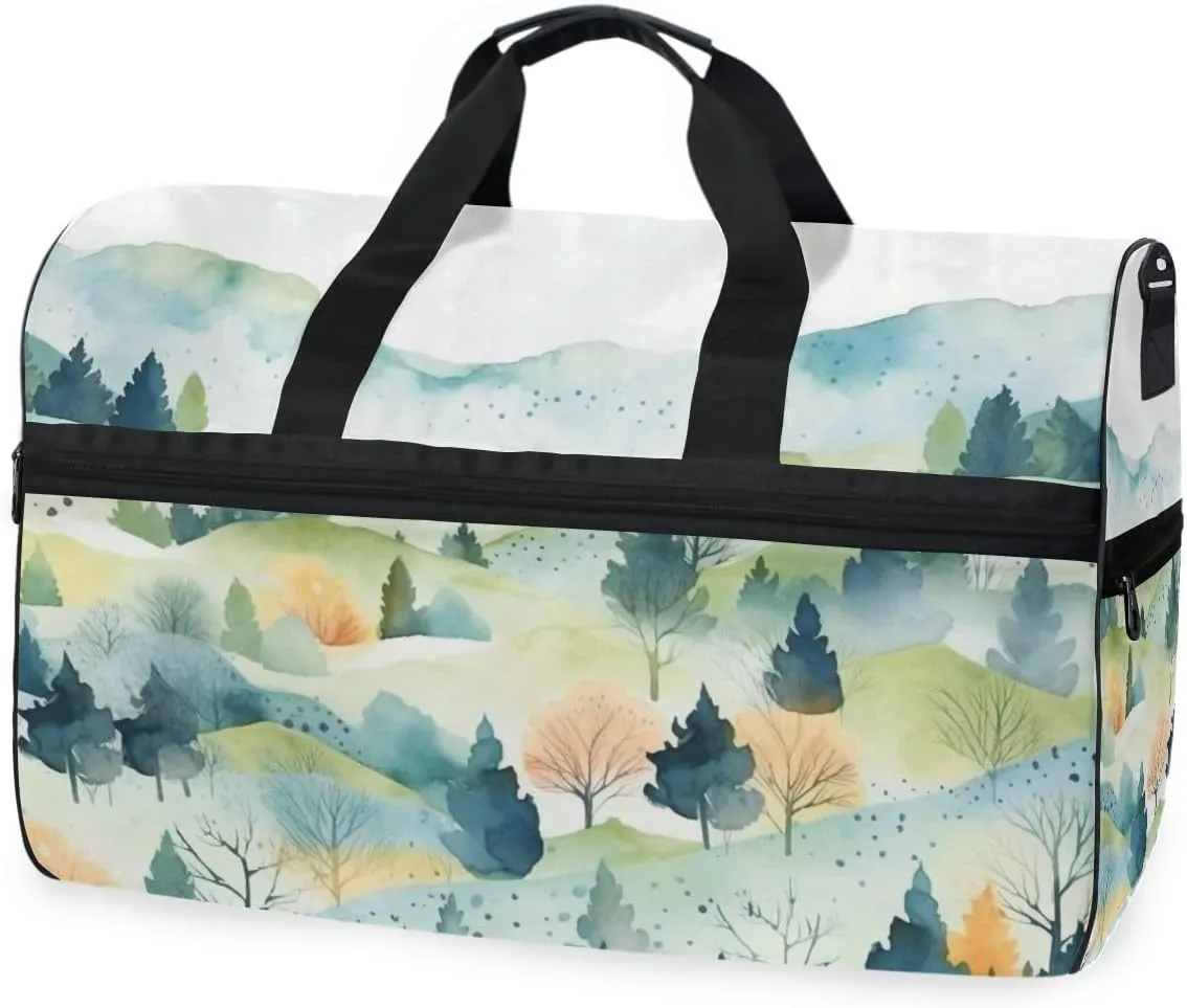 Moutain Painting Watercolor Travel Duffel Bag Luggage Sports Gym Bags With Shoes Compartment Large Capacity Lightweight Duffle Bag For Men Women