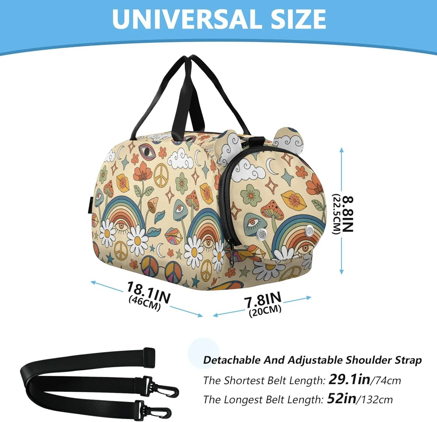 Mushrooms and Rainbows Peace Girl's Gym Duffel Bag with Shoes Compartment Multifunctional Weekender Overnight Bags for School Practice, Sports, Travel