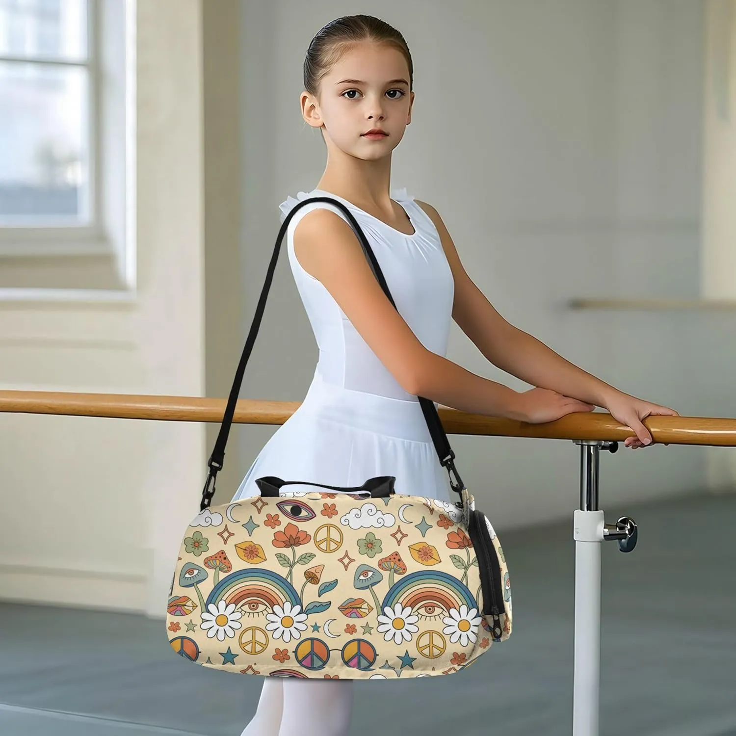 Mushrooms and Rainbows Peace Girl's Gym Duffel Bag with Shoes Compartment Multifunctional Weekender Overnight Bags for School Practice, Sports, Travel
