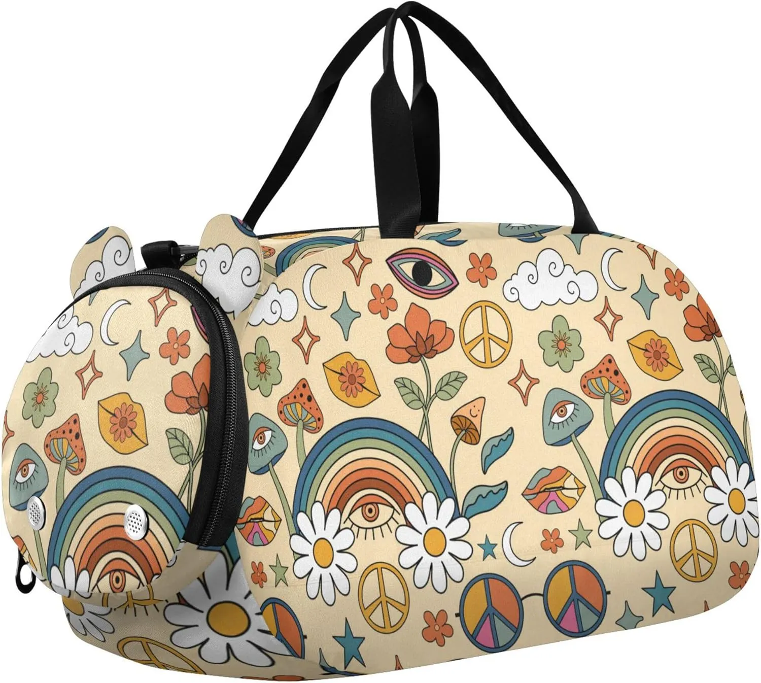 Mushrooms and Rainbows Peace Girl's Gym Duffel Bag with Shoes Compartment Multifunctional Weekender Overnight Bags for School Practice, Sports, Travel