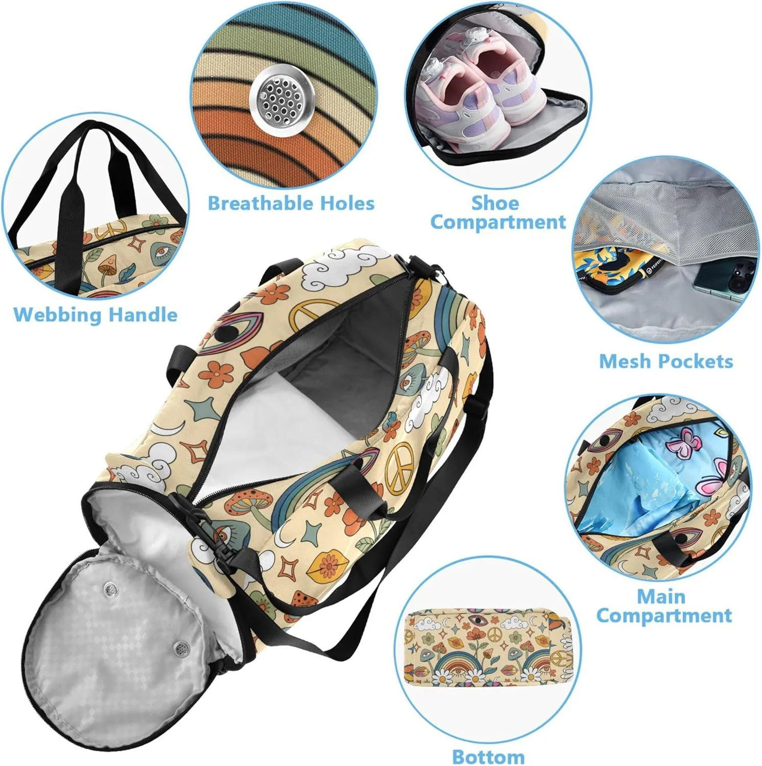 Mushrooms and Rainbows Peace Girl's Gym Duffel Bag with Shoes Compartment Multifunctional Weekender Overnight Bags for School Practice, Sports, Travel