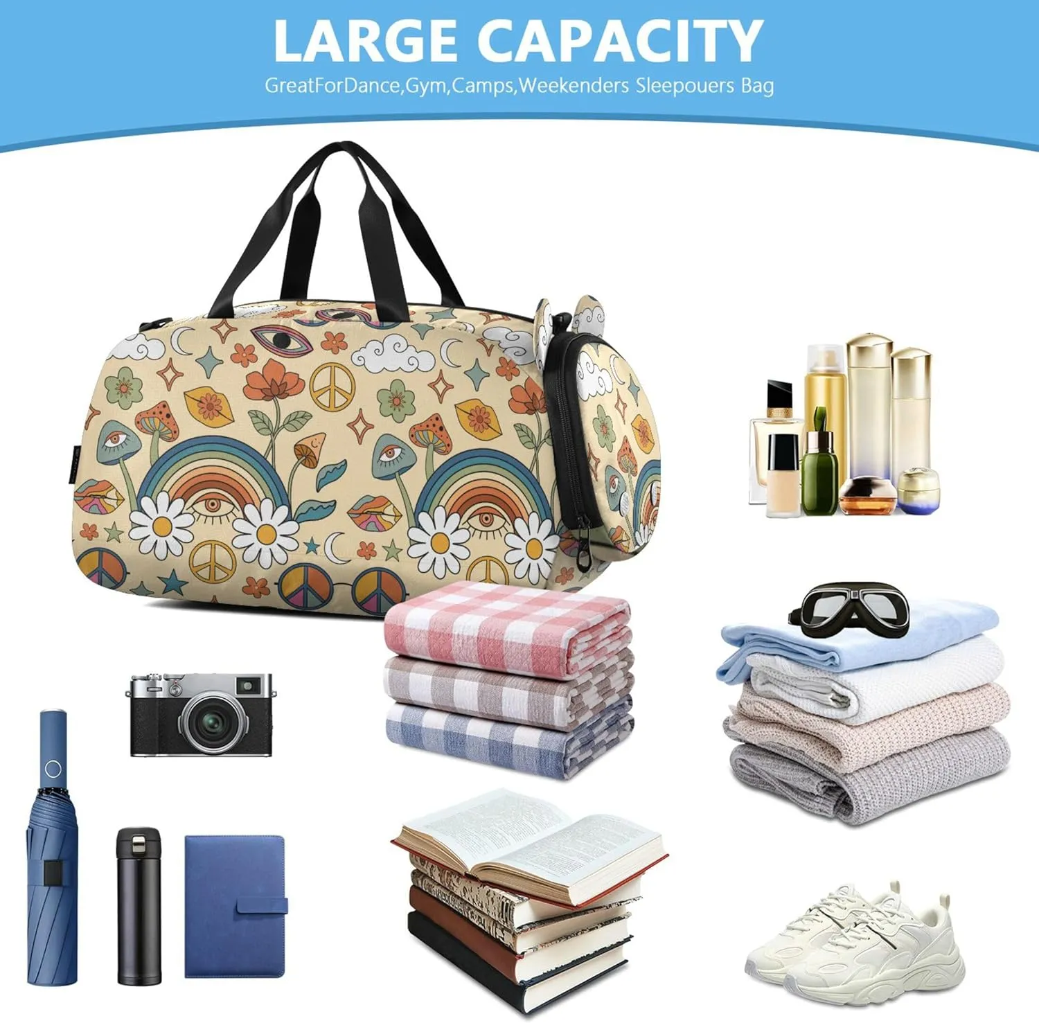 Mushrooms and Rainbows Peace Girl's Gym Duffel Bag with Shoes Compartment Multifunctional Weekender Overnight Bags for School Practice, Sports, Travel