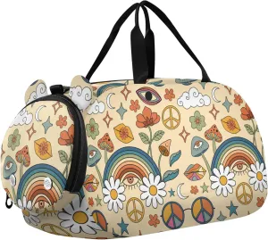Mushrooms and Rainbows Peace Girl's Gym Duffel Bag with Shoes Compartment Multifunctional Weekender Overnight Bags for School Practice, Sports, Travel