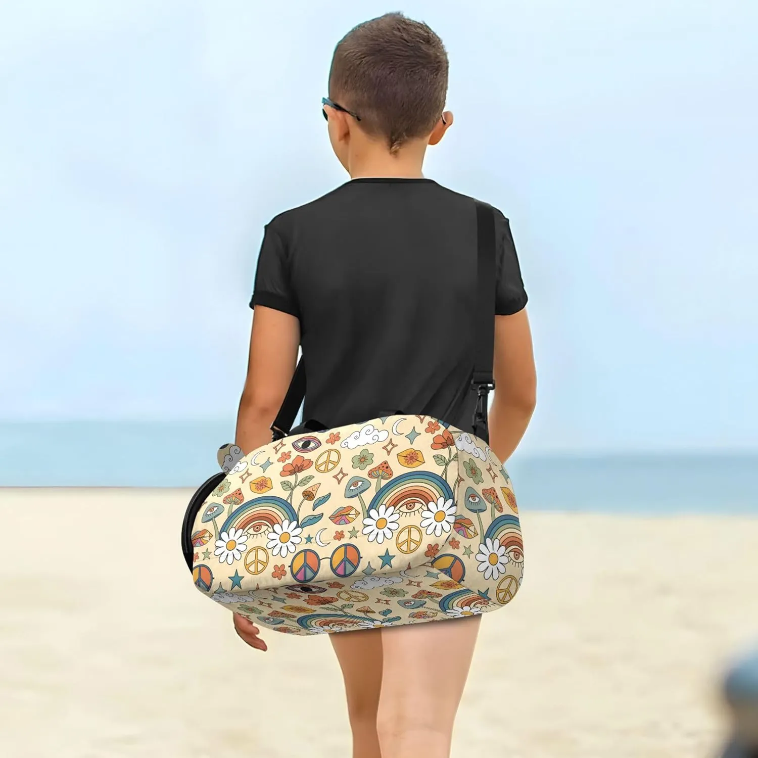 Mushrooms and Rainbows Peace Girl's Gym Duffel Bag with Shoes Compartment Multifunctional Weekender Overnight Bags for School Practice, Sports, Travel