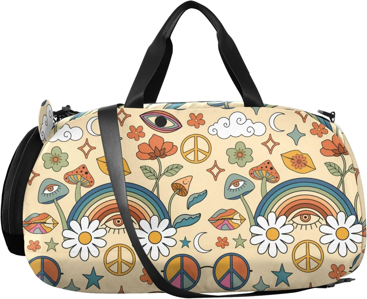 Mushrooms and Rainbows Peace Girl's Gym Duffel Bag with Shoes Compartment Multifunctional Weekender Overnight Bags for School Practice, Sports, Travel