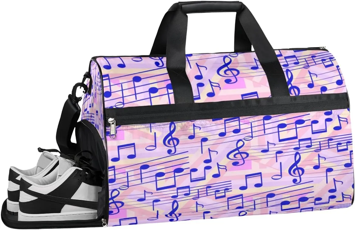 Music Note Geometric Gym Bag for Men Women Fitness Workout Sports Duffle Bag with Shoes Compartment Water Resistant Overnight Weekender Duffel Bag