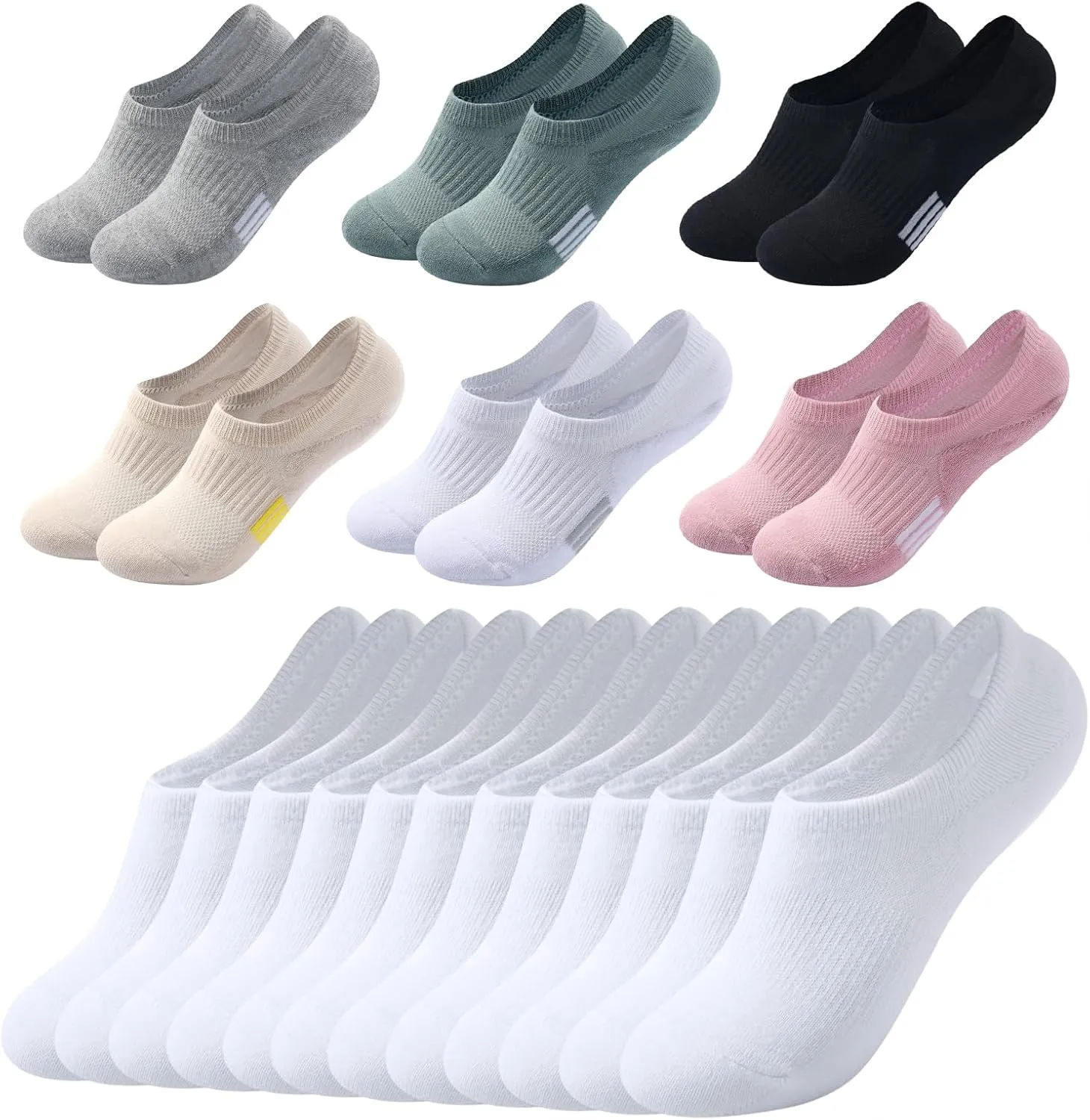 No Show Socks Womens Cushioned Athletic Sports Running Socks 6 Pairs & Invisible Low Cut Ankle Liner Socks for Sneakers Footies White 6 Pairs