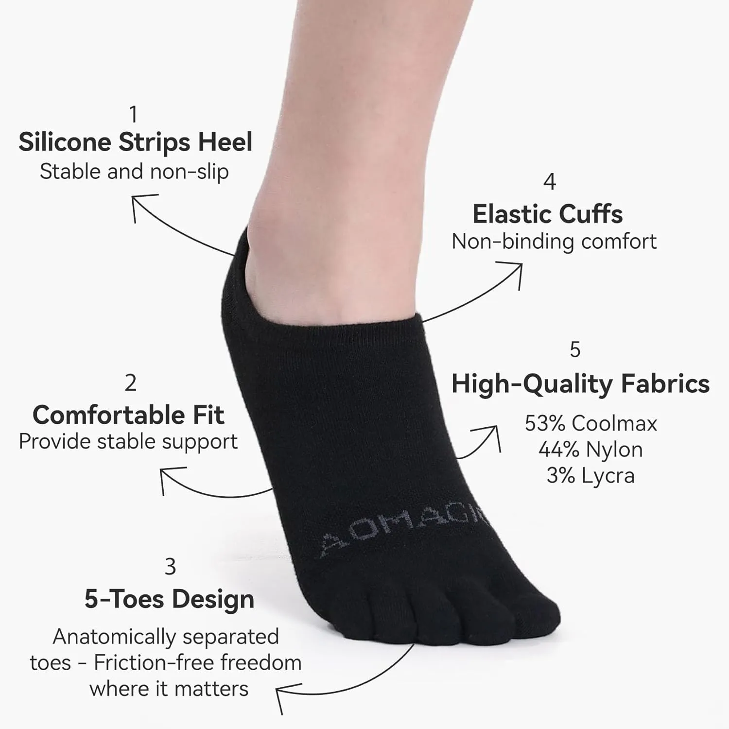 No Show Toe Socks for Men & Women, Coolmax 5-Finger Running Socks, Low Cut Athletic, Soft & Moisture-Wicking