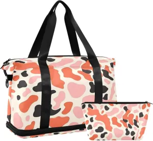 Orange Cow Print Gym Bag for Men Women with Shoes Compartment & Wet Pocket Sport Travel Duffel Bag Waterproof Weekender Overnight Bag