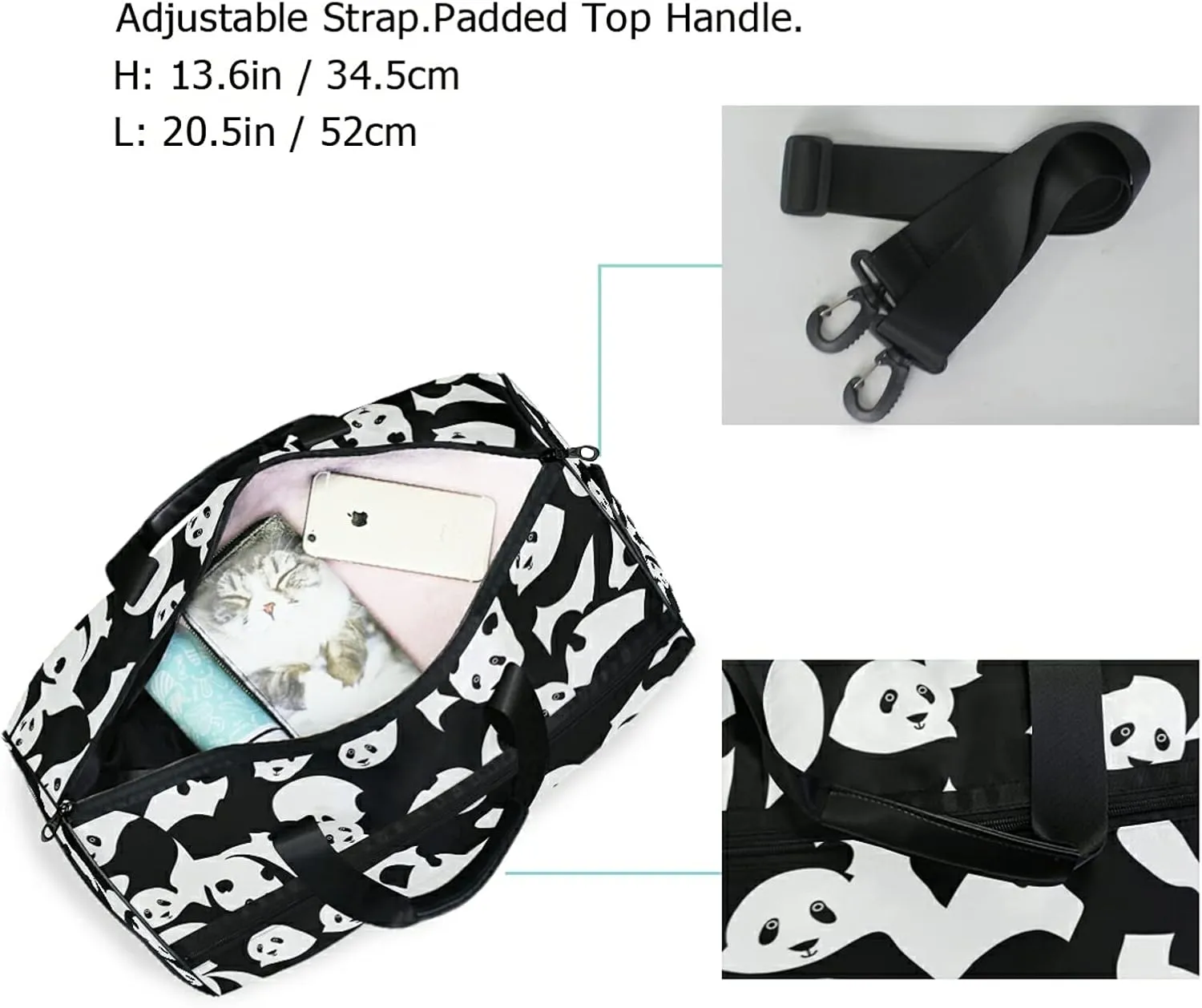 Panda Black White Travel Duffel Bag Luggage Sports Gym Bag With Shoes Compartment Large Capacity Lightweight Duffle Bag For Men Women