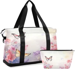 Pastel Butterflies Sports Gym Bag,Travel Duffel bag with Wet Pocket & Shoes Compartment Lightweight Waterproof Overnight Bag for Men Women