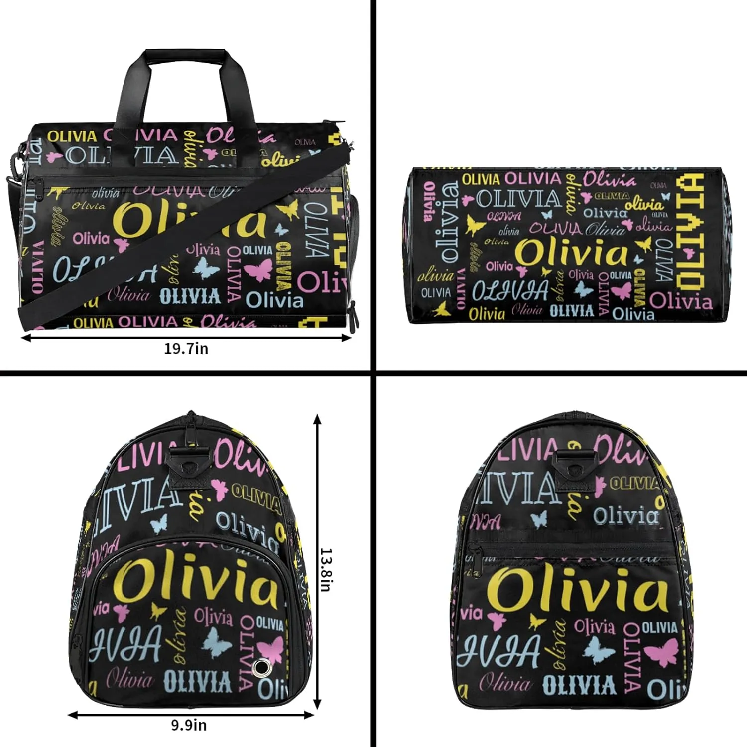 Personalized Butterfly Duffel Bag with Shoes Compartment Custom Name Travel Sports Bag for Women Men Waterproof Dance Ballet Bag Lightweight, Black