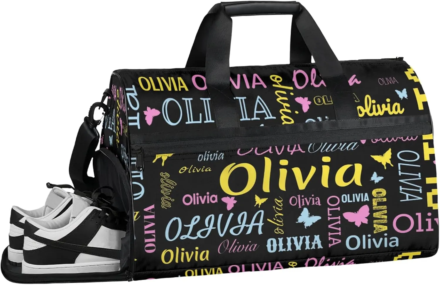Personalized Butterfly Duffel Bag with Shoes Compartment Custom Name Travel Sports Bag for Women Men Waterproof Dance Ballet Bag Lightweight, Black