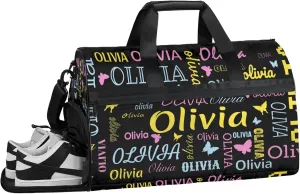 Personalized Butterfly Duffel Bag with Shoes Compartment Custom Name Travel Sports Bag for Women Men Waterproof Dance Ballet Bag Lightweight, Black