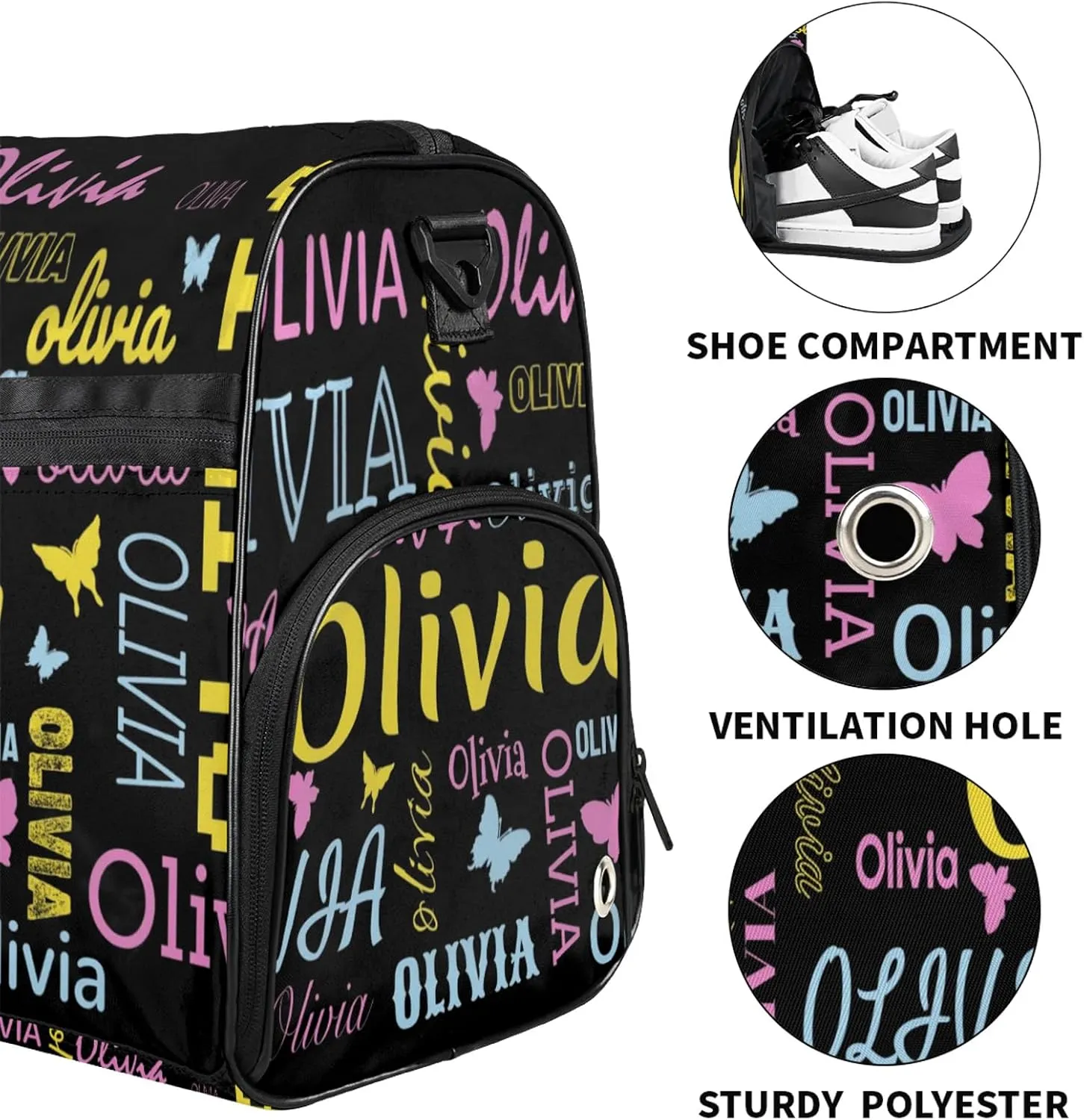 Personalized Butterfly Duffel Bag with Shoes Compartment Custom Name Travel Sports Bag for Women Men Waterproof Dance Ballet Bag Lightweight, Black