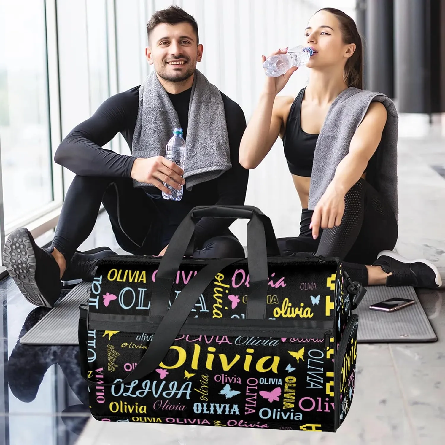 Personalized Butterfly Duffel Bag with Shoes Compartment Custom Name Travel Sports Bag for Women Men Waterproof Dance Ballet Bag Lightweight, Black