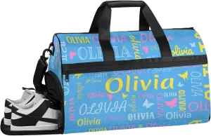 Personalized Butterfly Duffel Bag with Shoes Compartment Custom Name Travel Sports Bag for Women Men Waterproof Dance Ballet Bag Lightweight, Blue