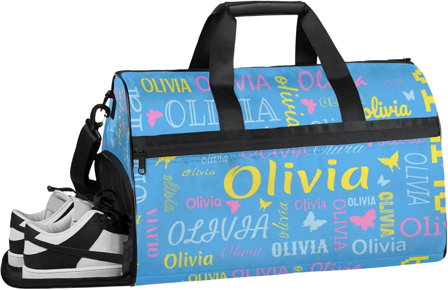 Personalized Butterfly Duffel Bag with Shoes Compartment Custom Name Travel Sports Bag for Women Men Waterproof Dance Ballet Bag Lightweight, Blue